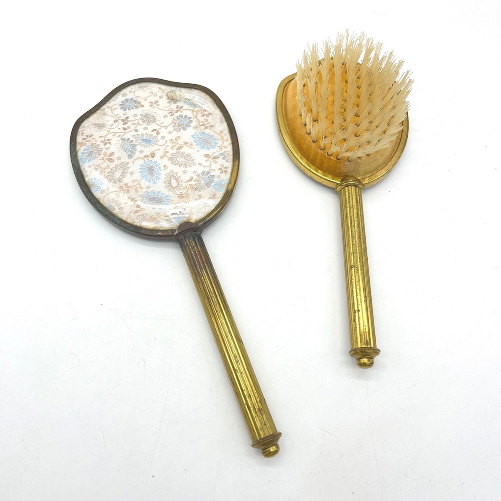 Vintage England Gold Tone Floral Brocade Hand Mirror and Brush Vanity Set‎